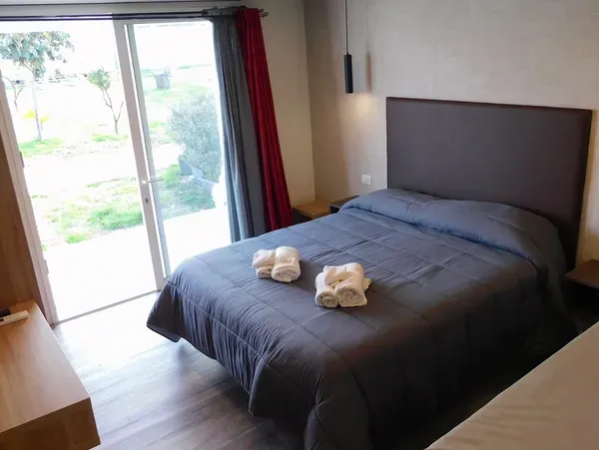 Una camera da letto con letto matrimoniale e asciugamani.