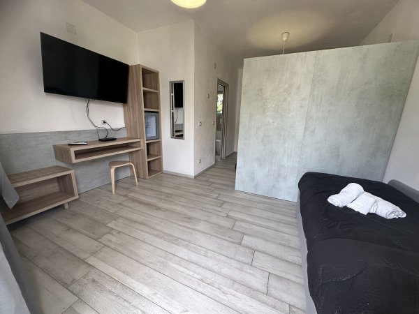 Camera con divano letto e parete divisoria.