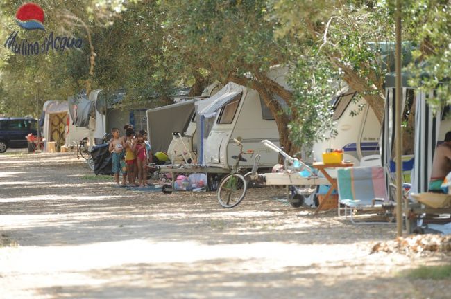 Una fila di roulotte in un campeggio con alberi e persone in piedi.