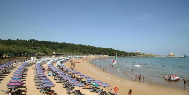 Spiaggia con file di ombrelloni e bagnanti in mare.