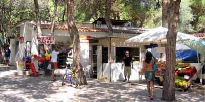 Mercato all'aperto con bancarelle sotto gli alberi, persone che passeggiano e fanno acquisti.