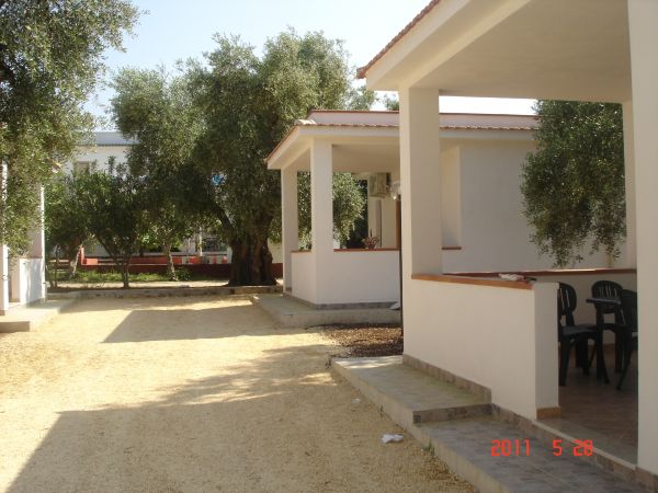 Porticati bianchi con sedie verdi, alberi e vialetto di ghiaia.