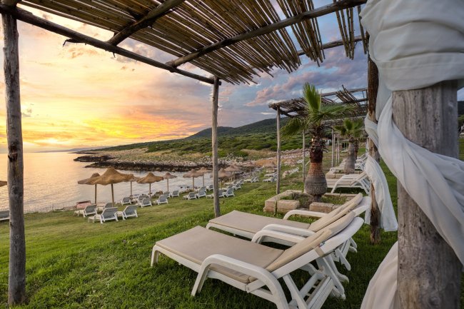 Lettini su prato con tramonto.