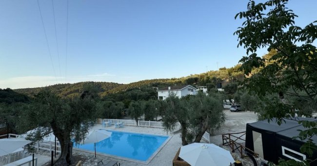 Piscina circondata da alberi e colline verdeggianti.