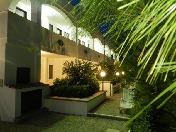 Cortile illuminato con vegetazione e edificio moderno.