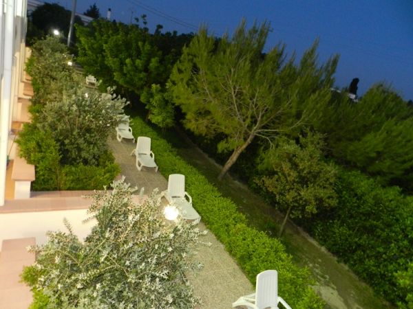 Giardino con sedie bianche e alberi di sera.