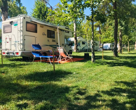 Camper con sedie e tavolo su prato verde.