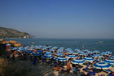 Una spiaggia affollata con molti ombrelloni blu e bianchi, sullo sfondo del mare.