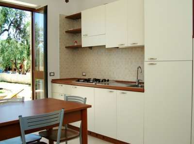 Cucina moderna con tavolo, vista su giardino.