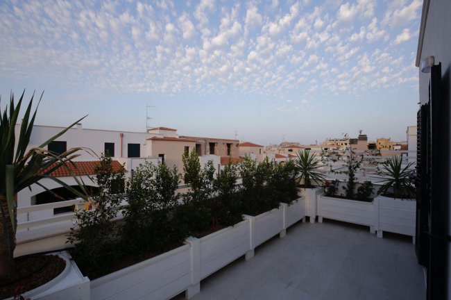 Terrazza con piante e cielo con nuvole sparse.