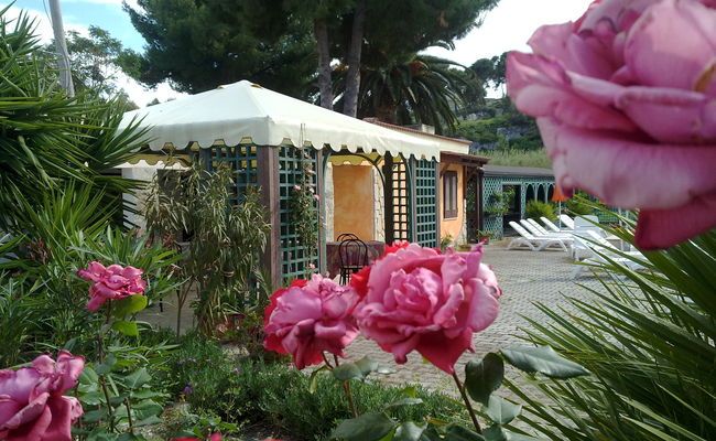 Un giardino con rose rosa in primo piano e un gazebo con tettoia bianca sullo sfondo.