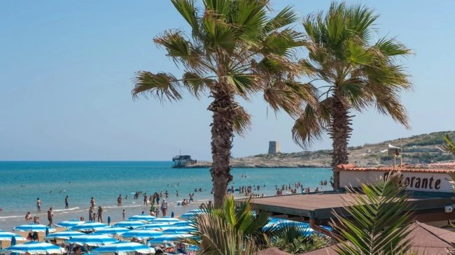 Spiaggia affollata con palme e torri sullo sfondo.