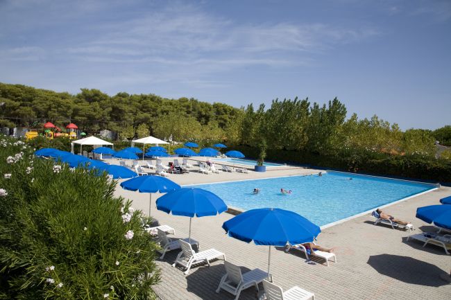Piscina all'aperto con ombrelloni blu.