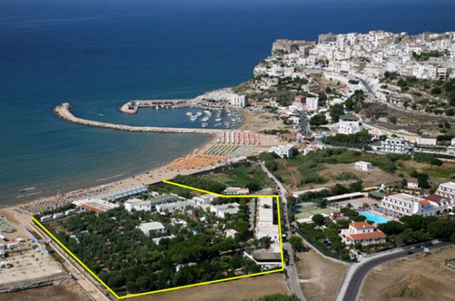 Vista aerea di una cittadina costiera con porto e spiaggia.